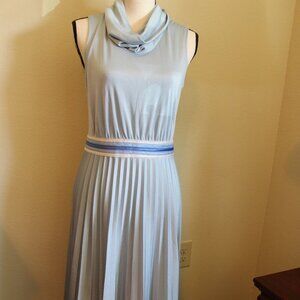 Authentic 70s Vintage Dress Accordion Skirt Lt Blue with Striped Waist so Cute